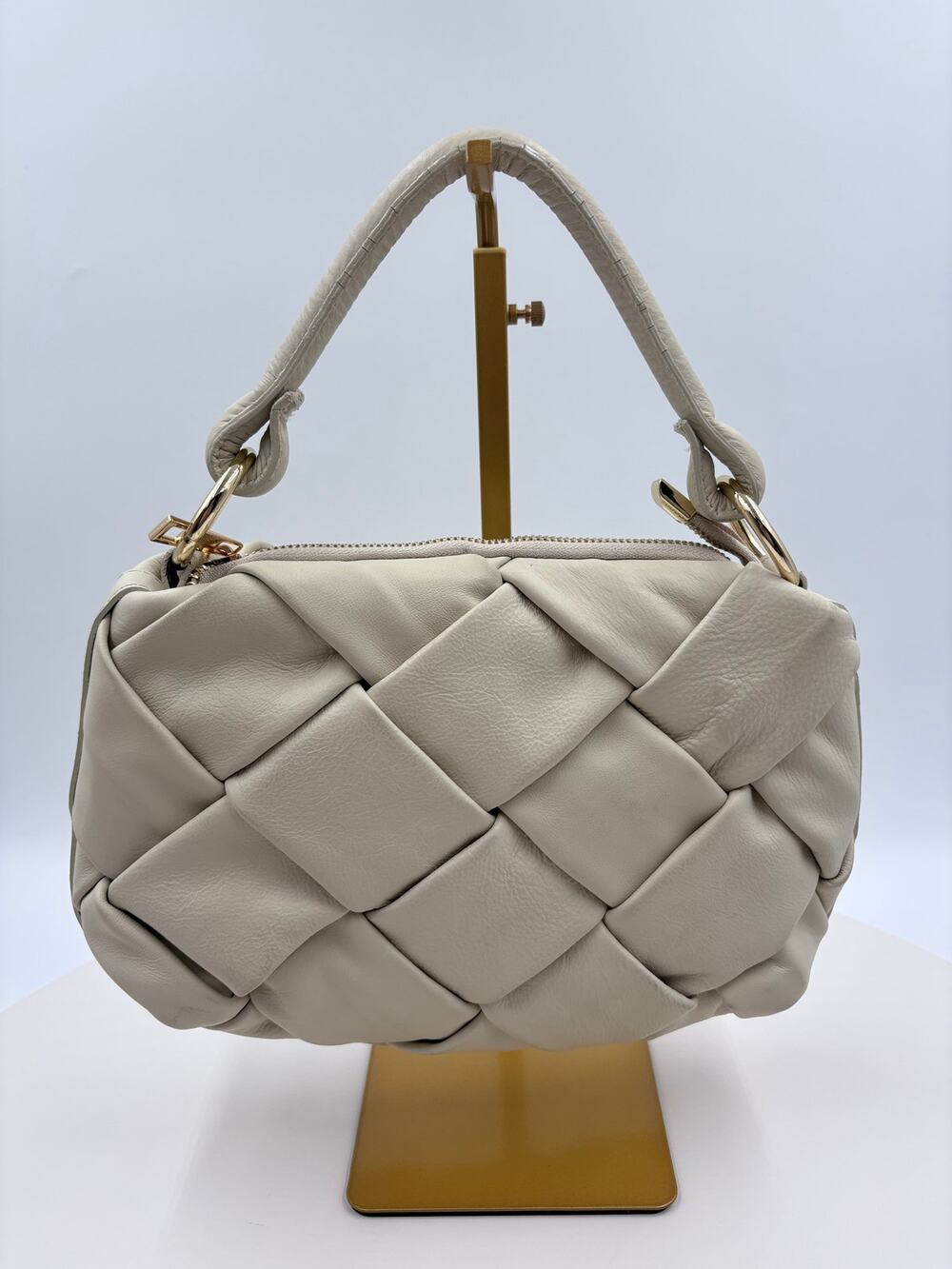 Valentina Fiore Leather Shoulder bag basket woven with rolled top handle.